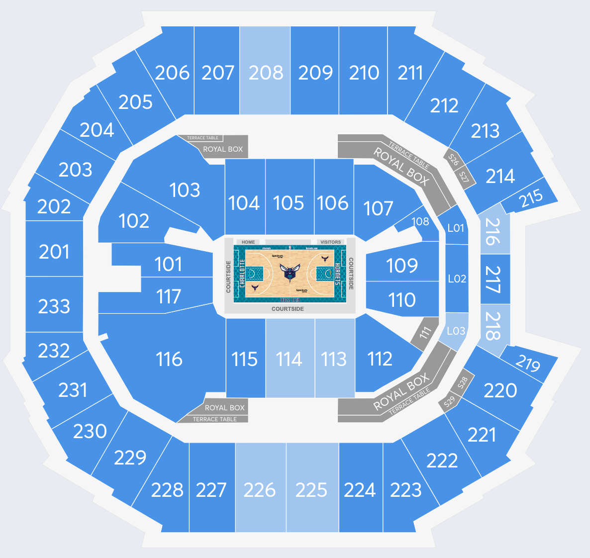 Charlotte Spectrum Center seat & row numbers detailed seating chart 